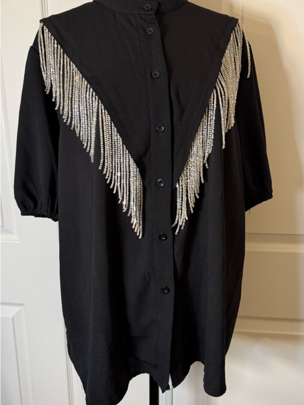 Black Button-Up Women's Blouse with Silver Fringe Accents